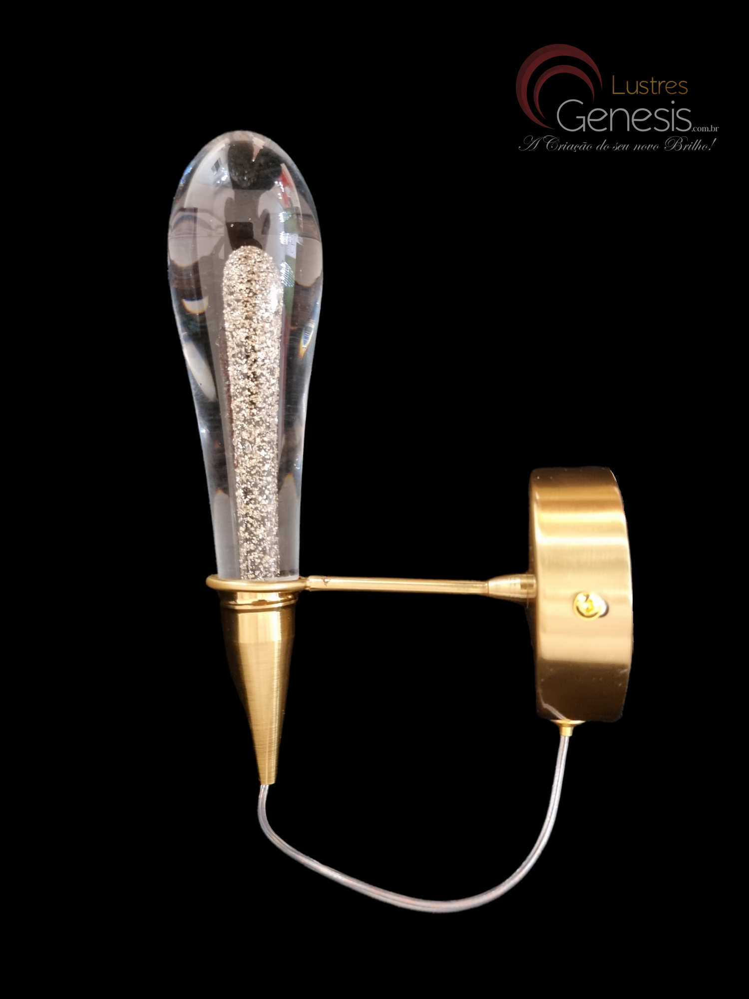 Arandela Mini Aimee Gota moderna dourada com tubo de cristal e LED integrado, ideal para quarto, sala, escada, cabeceira de cama e lavabos.
